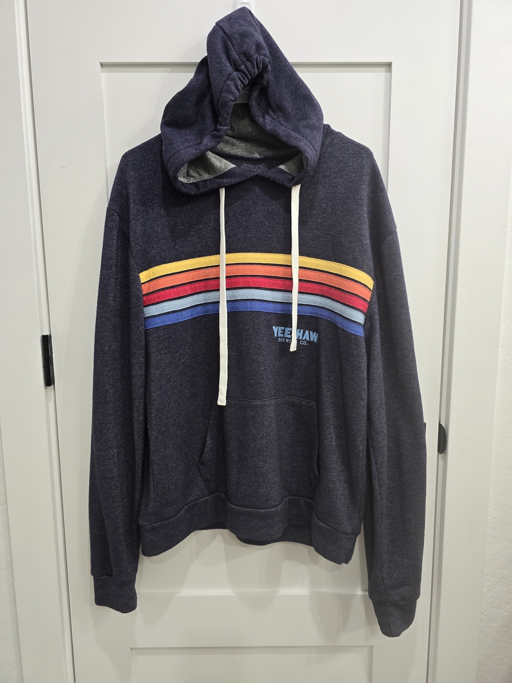 Navy Pullover Hoodie with Retro Stripes - Size Medium
